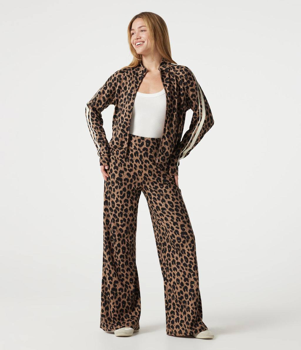 Pantalon léopard décontracté ample color block, taille haute, en tissu gaufré, à poches
