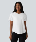 T-shirt décontracté à col rond, manches courtes, soutien-gorge intégré et ourlet arrondi