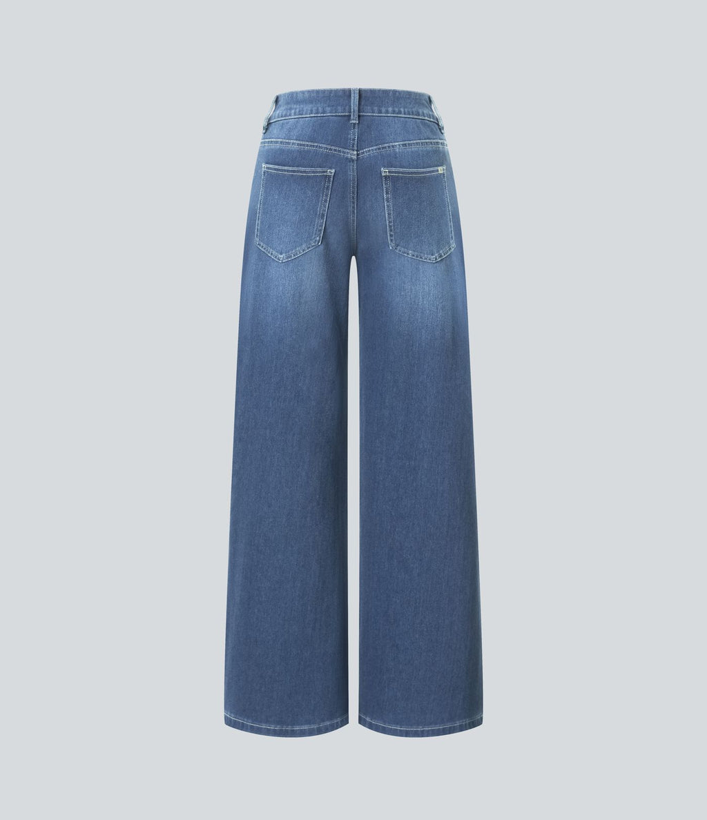 Halara Flex™ Jean large asymétrique taille basse avec bouton, fermeture éclair et poches multiples, délavé et extensible en maille