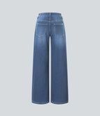 Halara Flex™ Jean large asymétrique taille basse avec bouton, fermeture éclair et poches multiples, délavé et extensible en maille