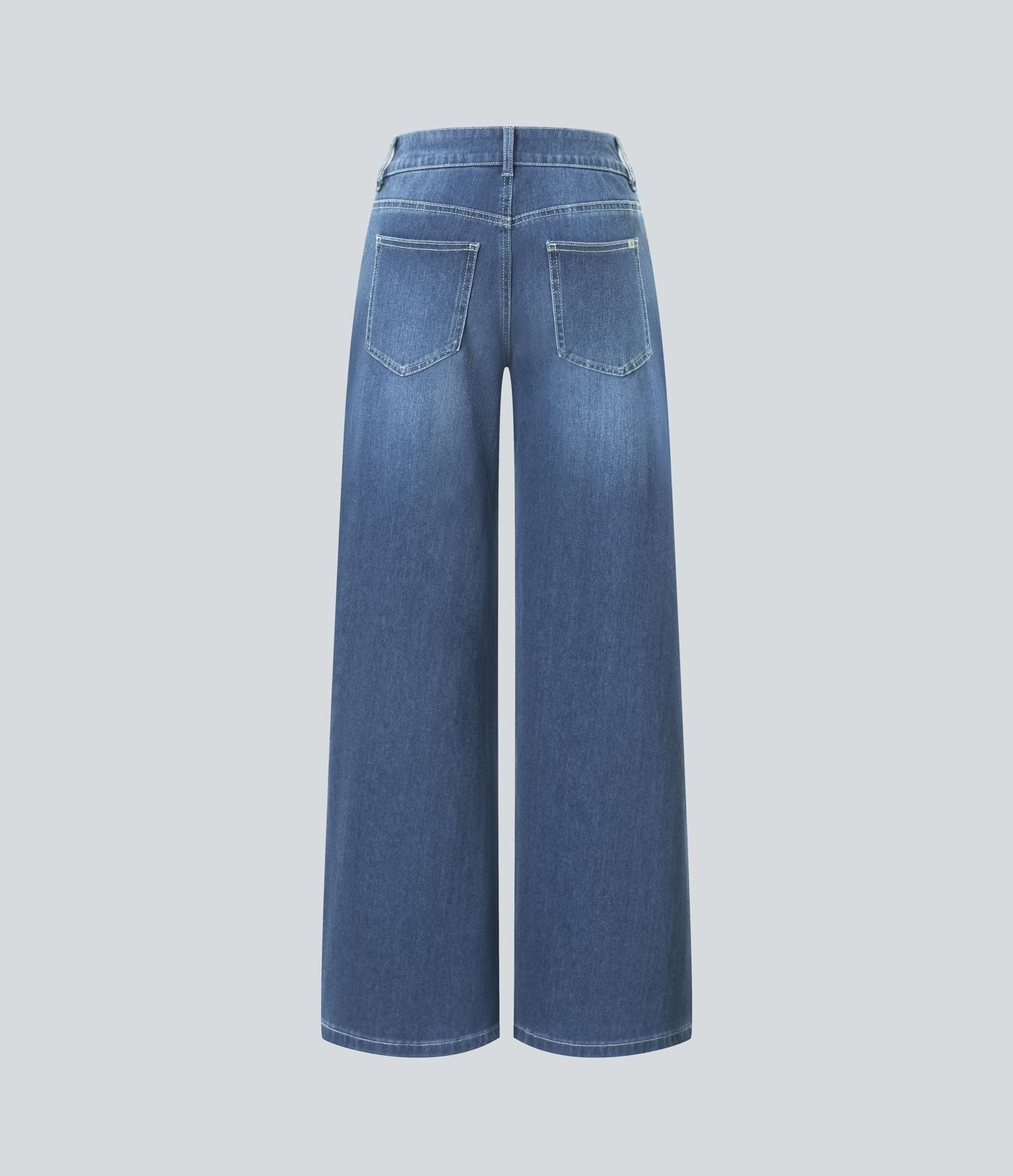 Halara Flex™ Jean large asymétrique taille basse avec bouton, fermeture éclair et poches multiples, délavé et extensible en maille