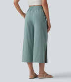 Pantalon ample court taille haute aspect lin avec fentes et poches