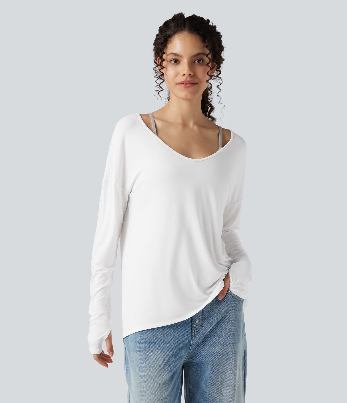 T-shirt décontracté col V profond manches longues à trous pouces coupe décontractée - Réversible devant et dos