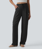 Pantalon cargo casual coupe droite taille mi-haute aspect lin à cordon de serrage avec poches