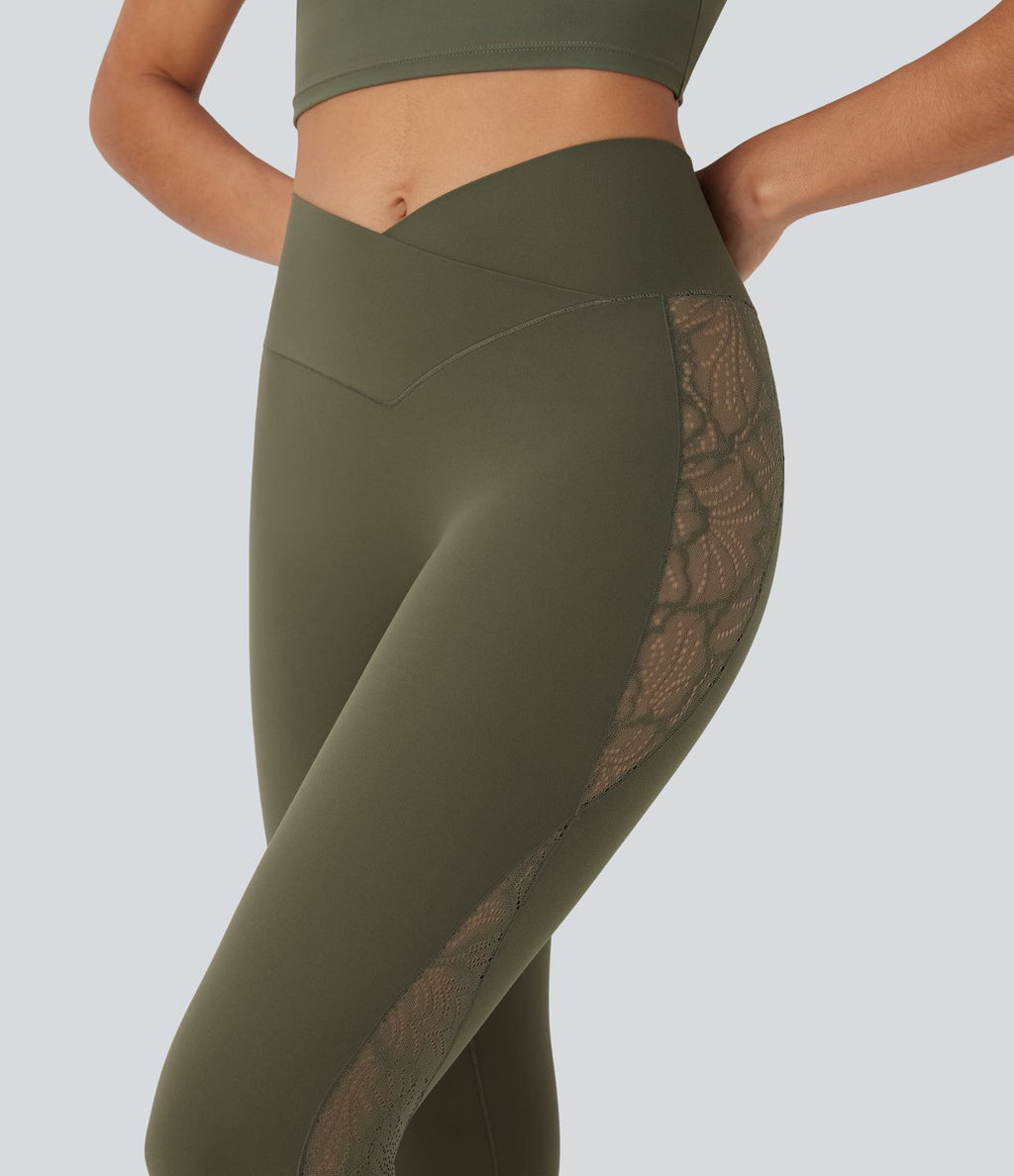 Softlyzero™ Legging Yoga 7/8 Taille Haute avec Poche au Dos Découpe Croisée et Dentelle Contrastante