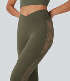 Softlyzero™ Legging Yoga 7/8 Taille Haute avec Poche au Dos Découpe Croisée et Dentelle Contrastante
