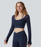 Top yoga court SoftlyZero™ dentelle contrastante dos nu manches longues avec trous pouces