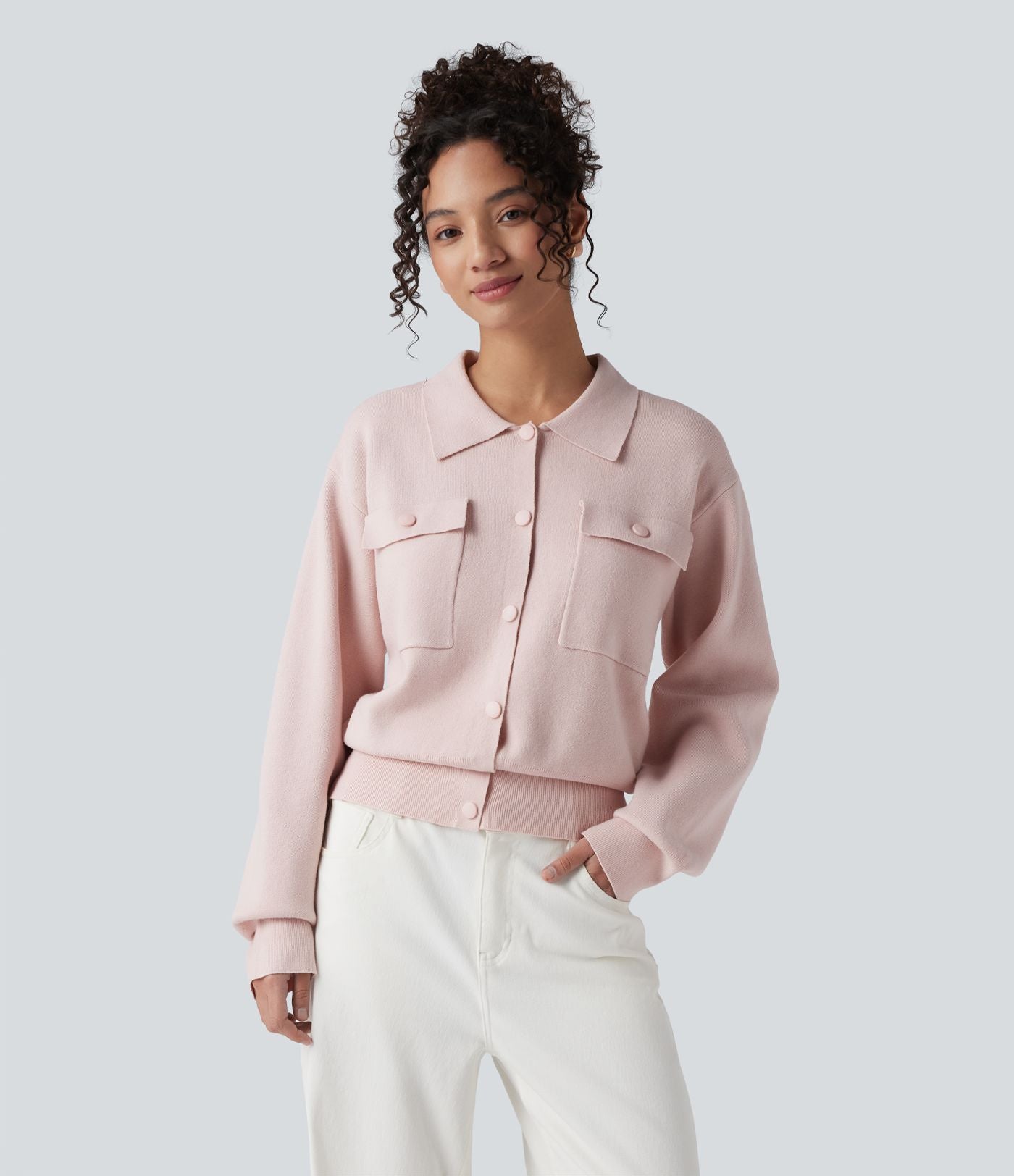 Pull décontracté à col chemise avec poches poitrine boutonnées