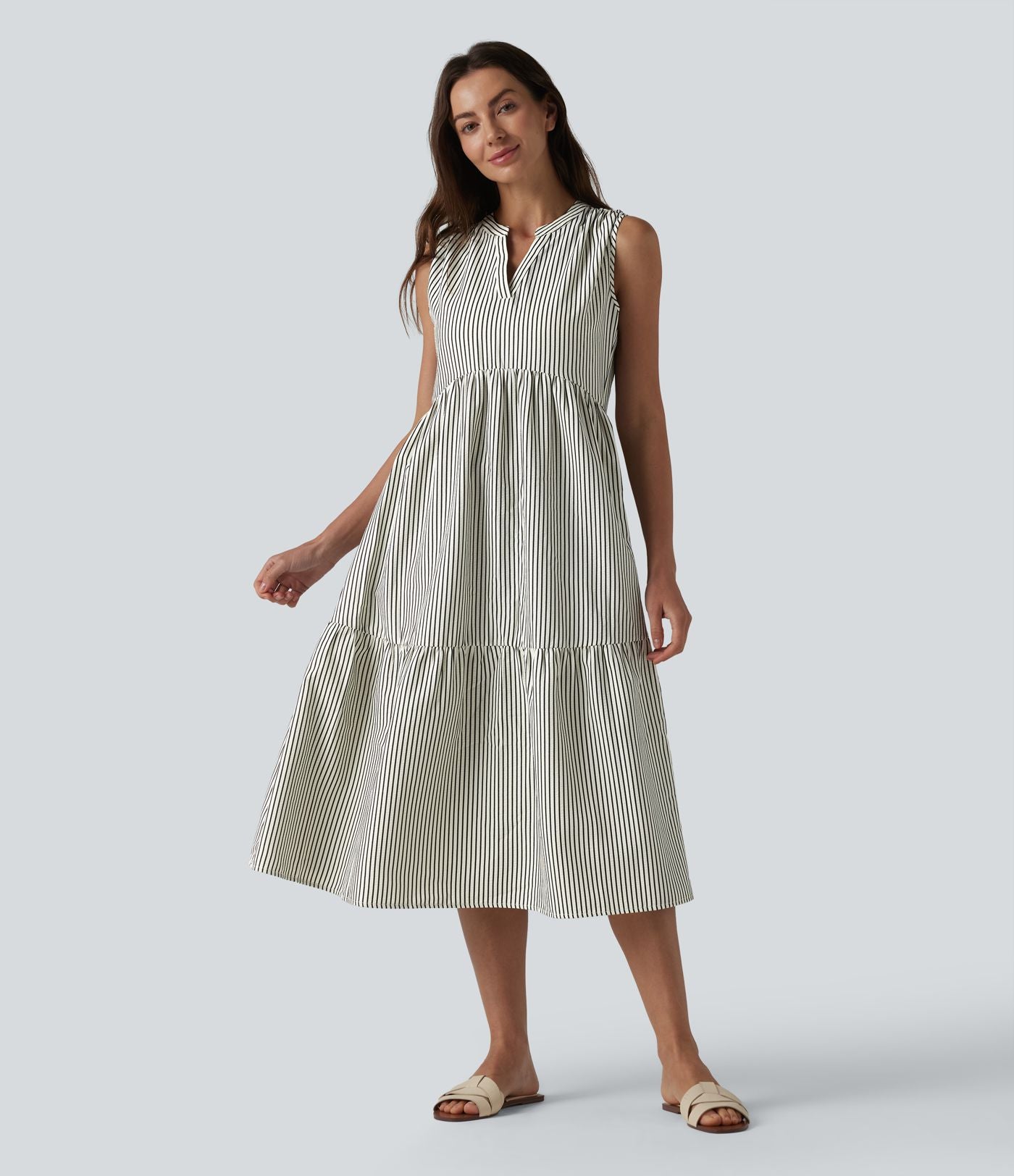 Robe midi rayée sans manches col V avec soutien-gorge intégré