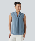 Blouse  sans manches esprit bureau défroissage facile, col V et lien à nouer