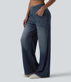 Halara Flex™ Jean large casual baggy taille mi-haute en lyocell drapé effet délavé, avec poches