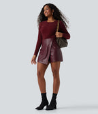 Jupe-short de décontractée courte tissu enduit taille haute