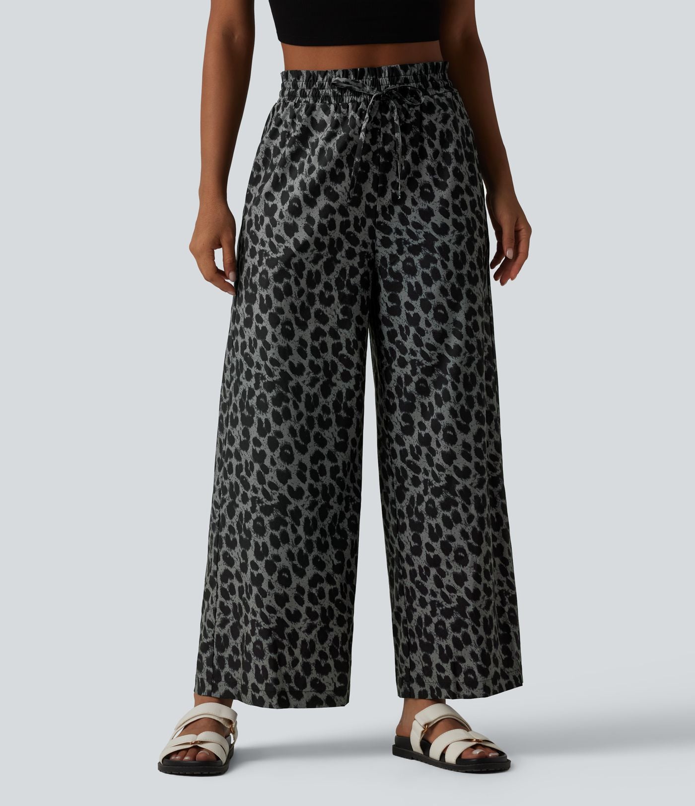 Pantalon large et fluide à imprimé léopard, taille haute avec cordon de serrage et poches latérales