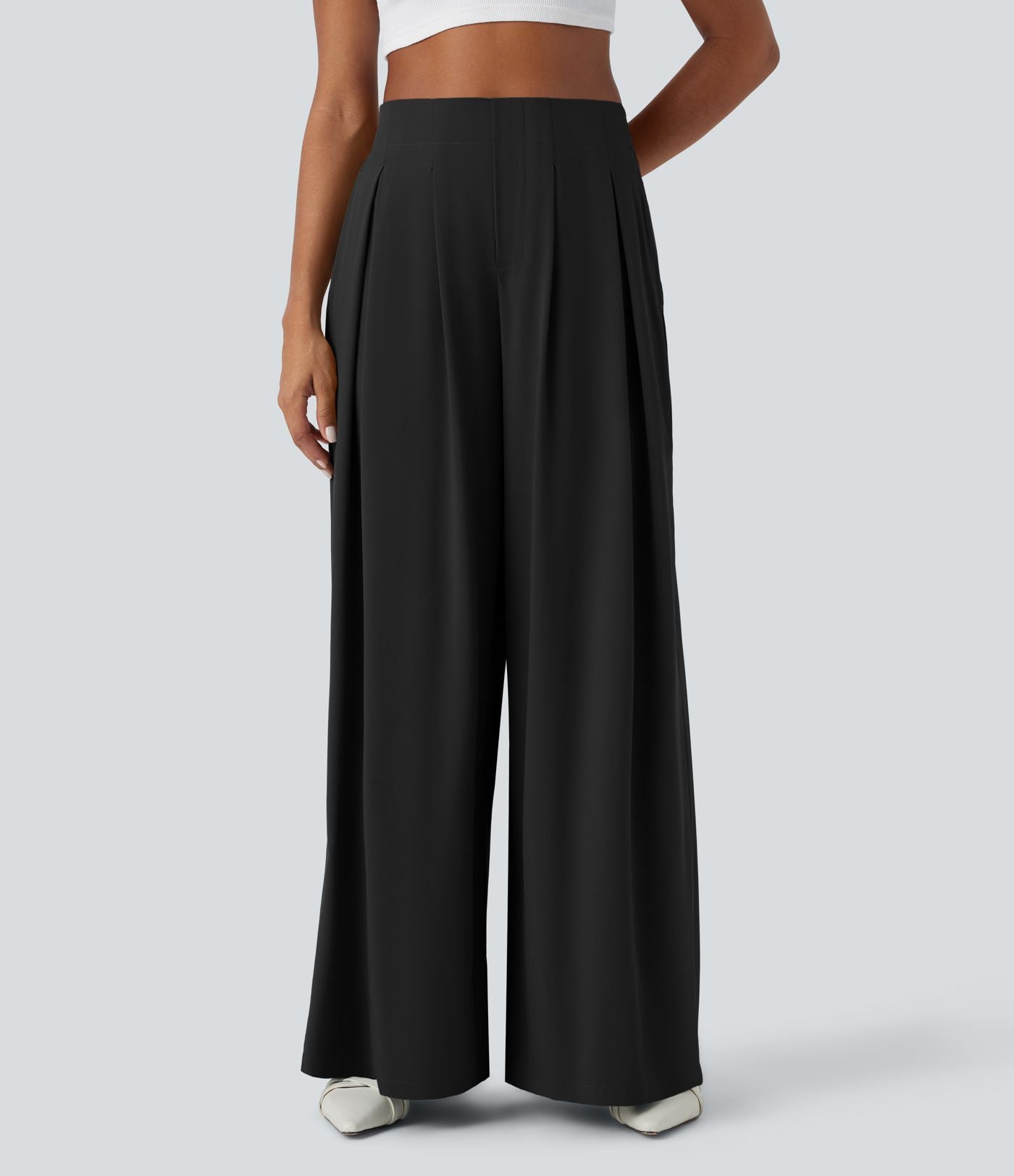 Breezeful™ Pantalon Large Fluide Taille Haute Plis Poches Latérales et Taille Élastique Séchage Rapide
