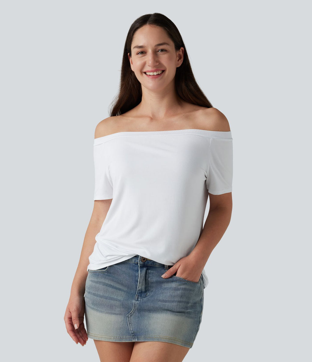 T-shirt casual col épaules dénudées manches courtes