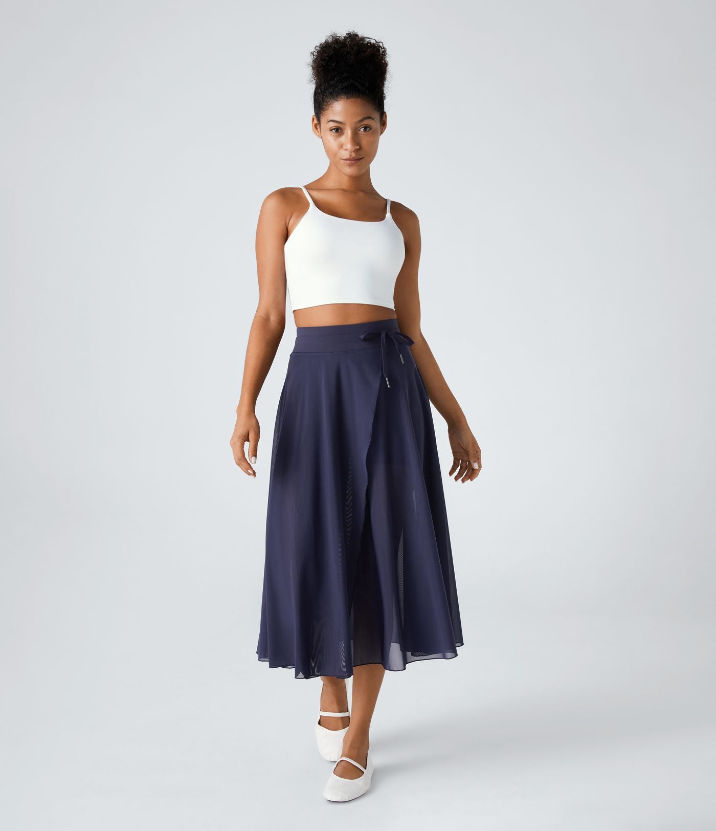 Jupe Casual Évasée Mesh Mi-Longue Fuide 2 en 1 Contrastée Taille Haute Cordon Poche Latérale