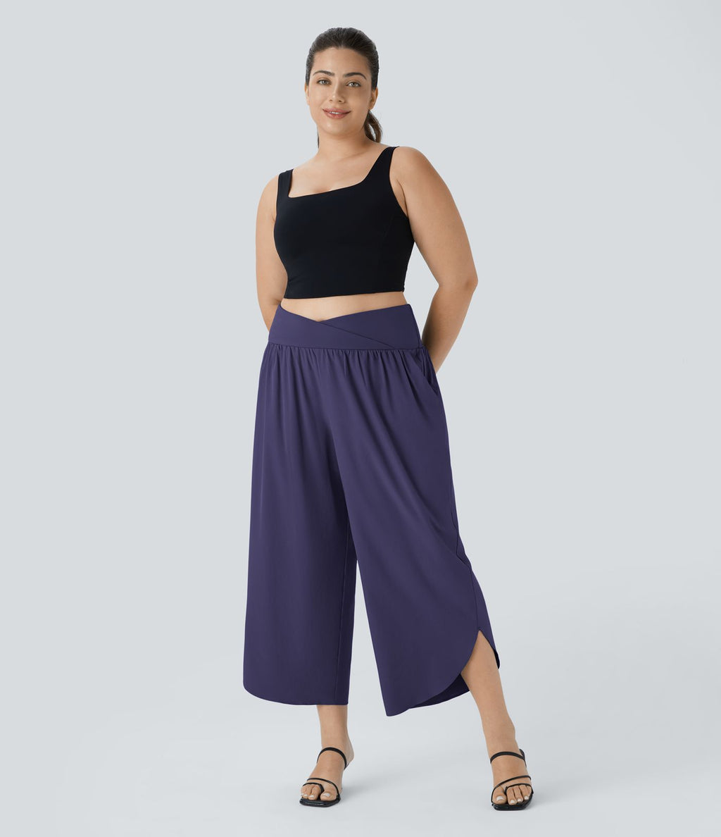 Breezeful™ Pantalon de Vacances Grande Taille Taille Haute avec Découpe Croisée Plissé Poche Latérale Fente et Séchage Rapide