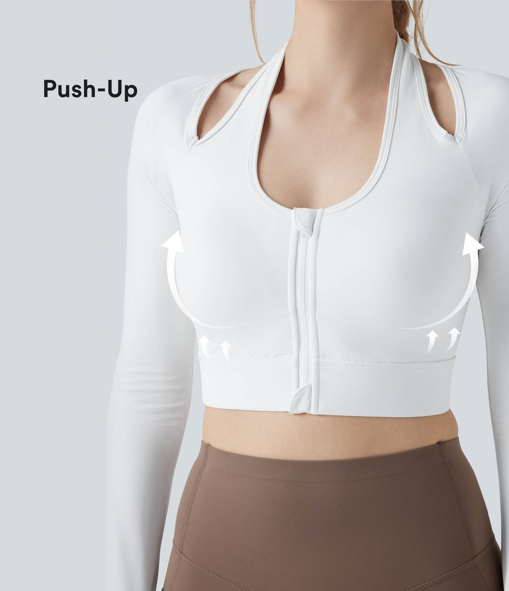 Halara UltraSculpt™ Top court de sport zippé dos nageur à manches longues avec bonnets moulés push-up et passants pouces