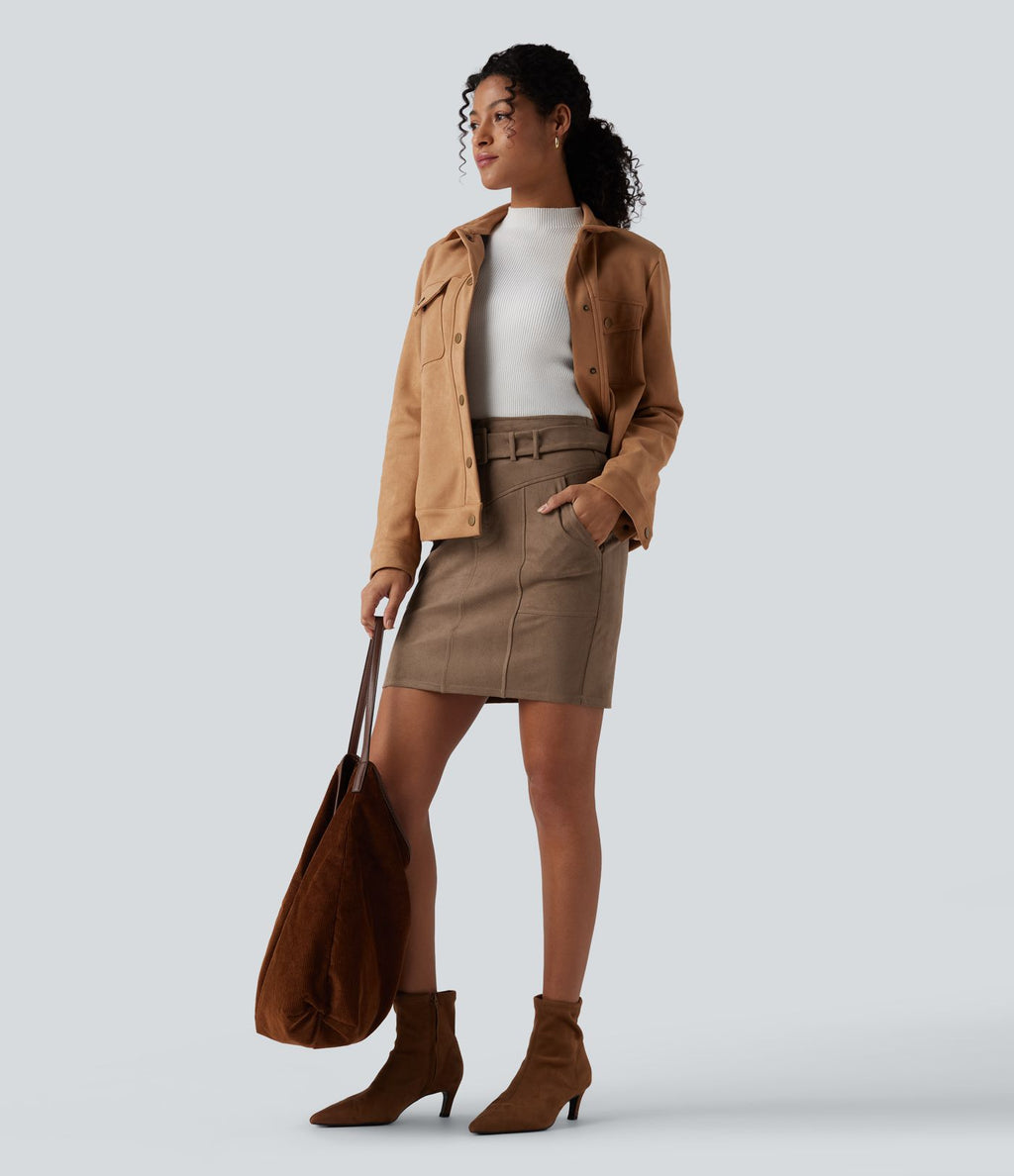 Jupe de travail mini moulante en daim taille haute avec ceinture et poches