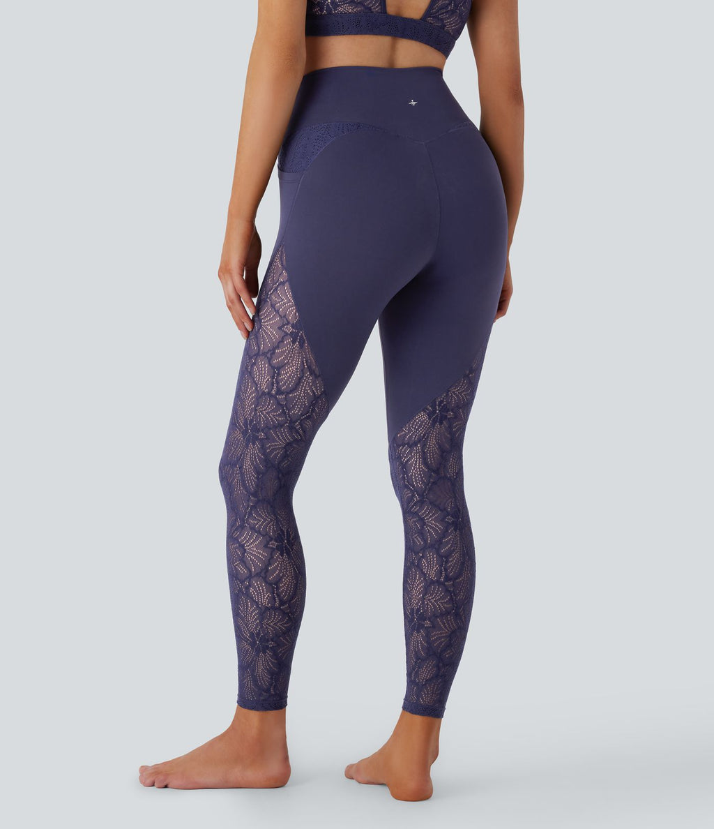 Legging de yoga 7/8 taille haute avec poches latérales, dos croisé et dentelle contrastante Softlyzero™-UPF50+