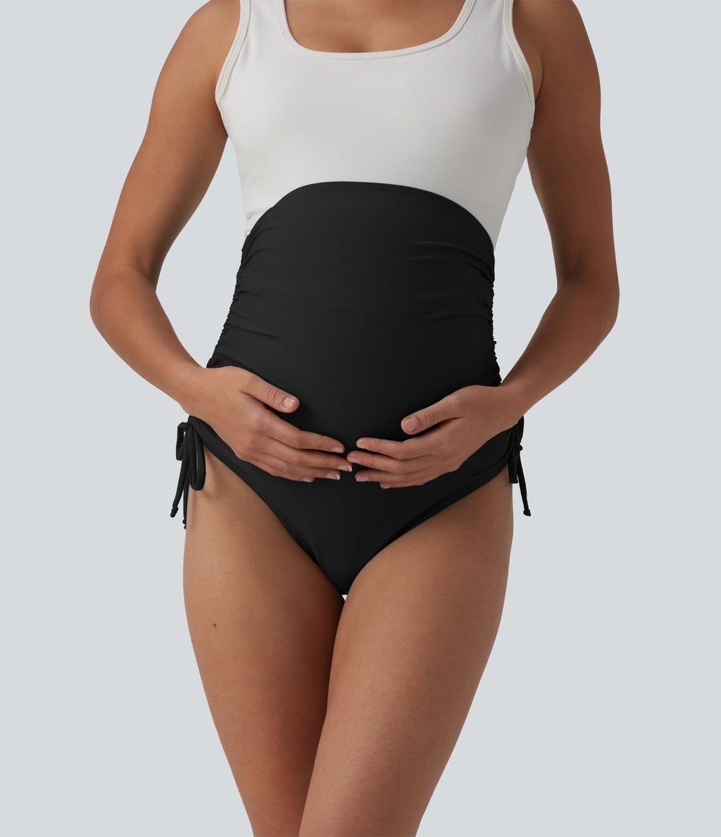 Bas de bikini de grossesse taille très haute avec cordon de serrage et fronces