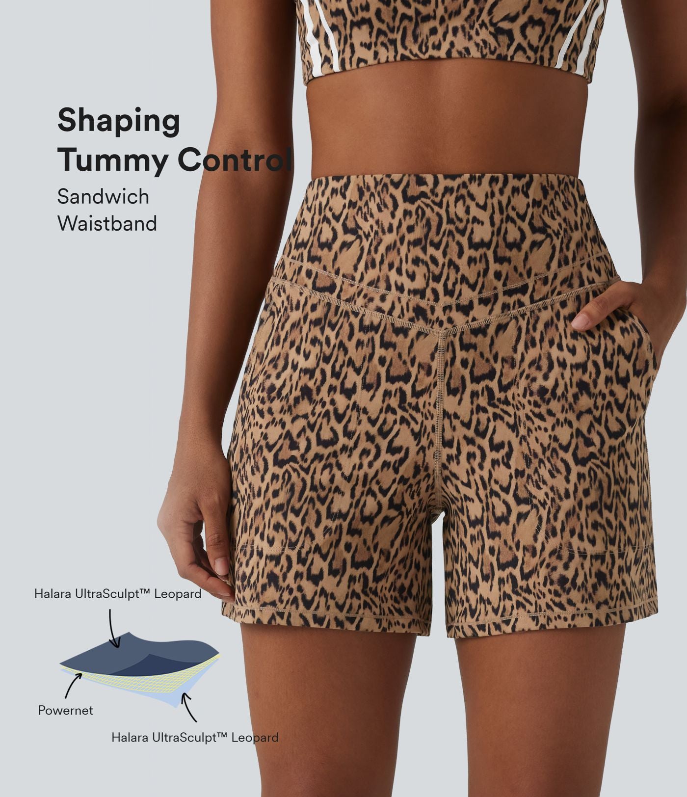 Short de yoga droit Halara UltraSculpt™ imprimé léopard taille haute ventre plat 12,5 cm avec poches
