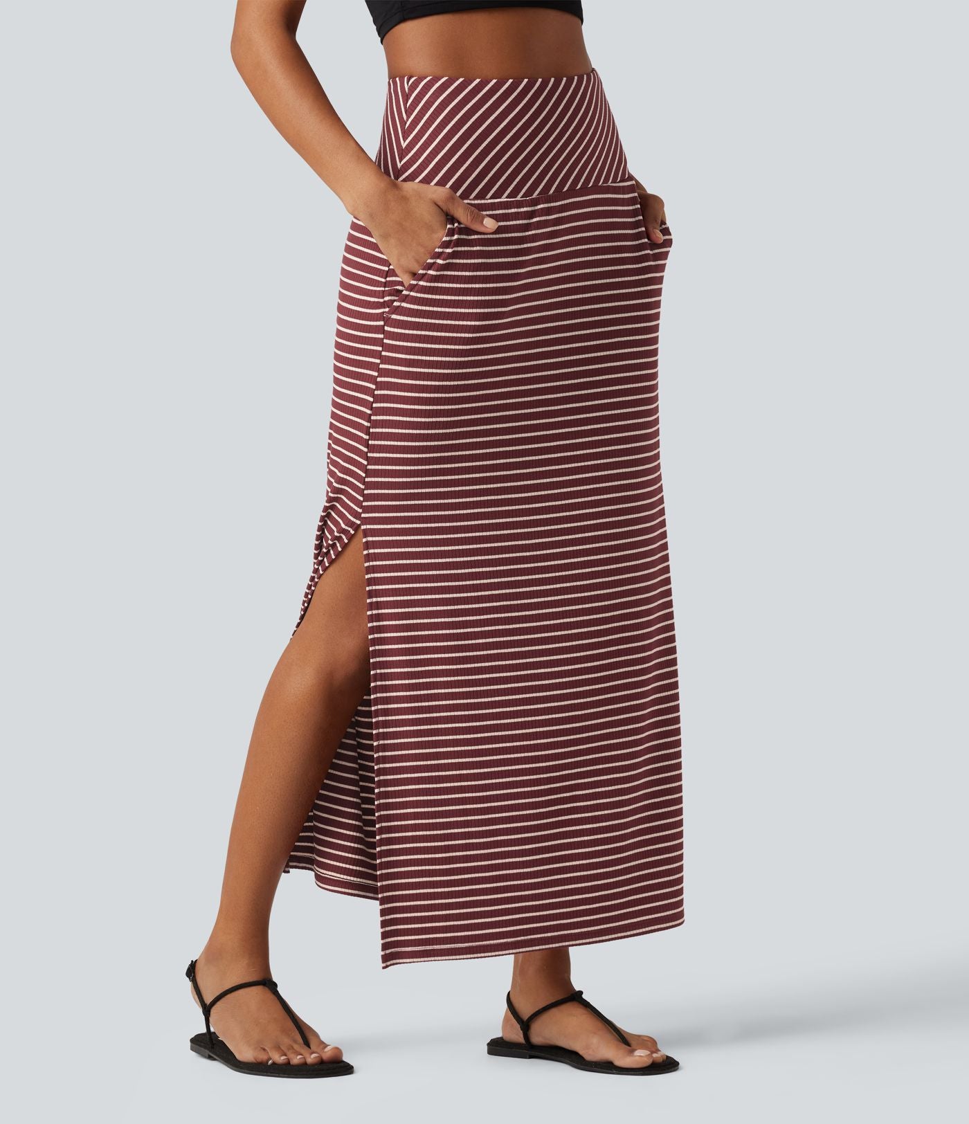 Jupe longue casual gainante taille haute à rayures et fente avec poches