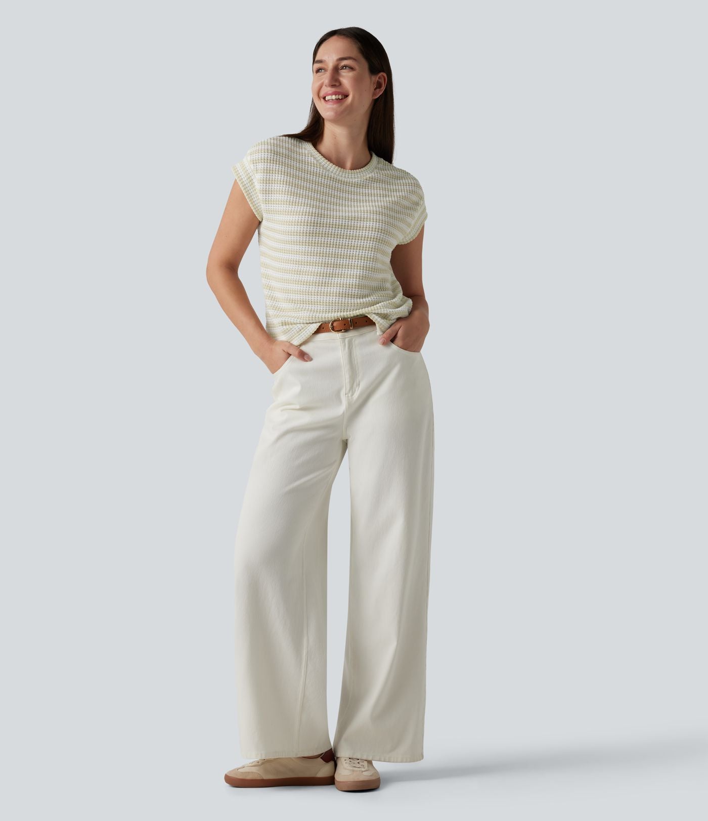 T-shirt casual col rond manches courtes rayé en maille