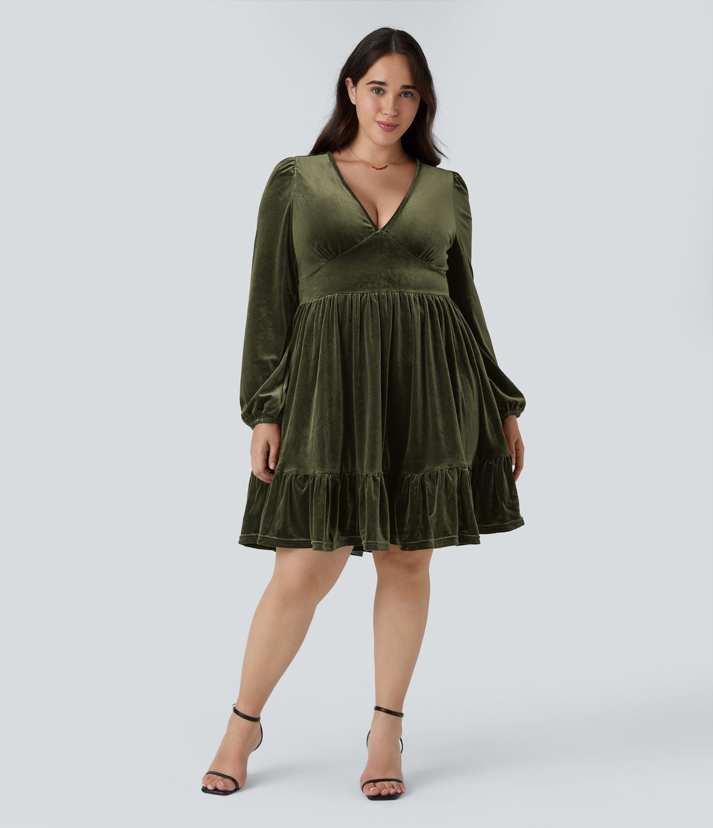 Quotidien de Robe Velours Mini Grande Taille avec Décolleté Profond en V et Ourlet à Volants