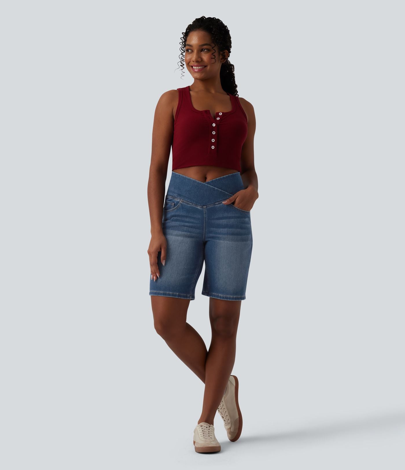 Short en jean Halara Flex™ casual gainant taille haute croisée avec poches