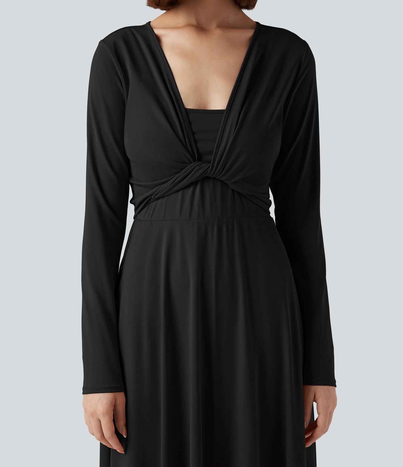 Robe mi-longue deux pièces à manches longues effet cache-cœur avec nœud au dos et poches