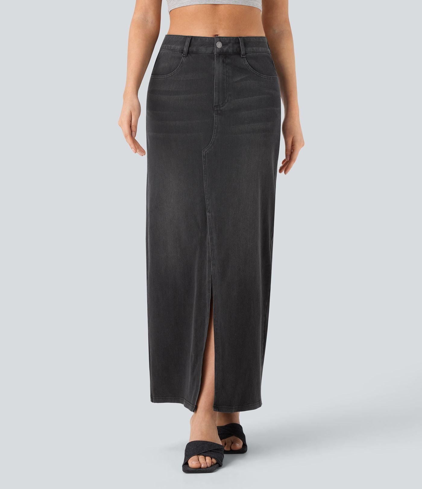 Halara Flex™ Jupe en Jean longue décontractée extensible délavé taille moyenne avec fente et multiples poches