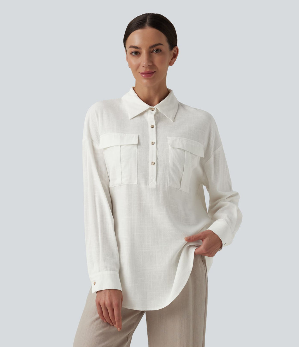 Chemise décontractée en lin col ourlet arrondi manches longues boutonnée avec poches