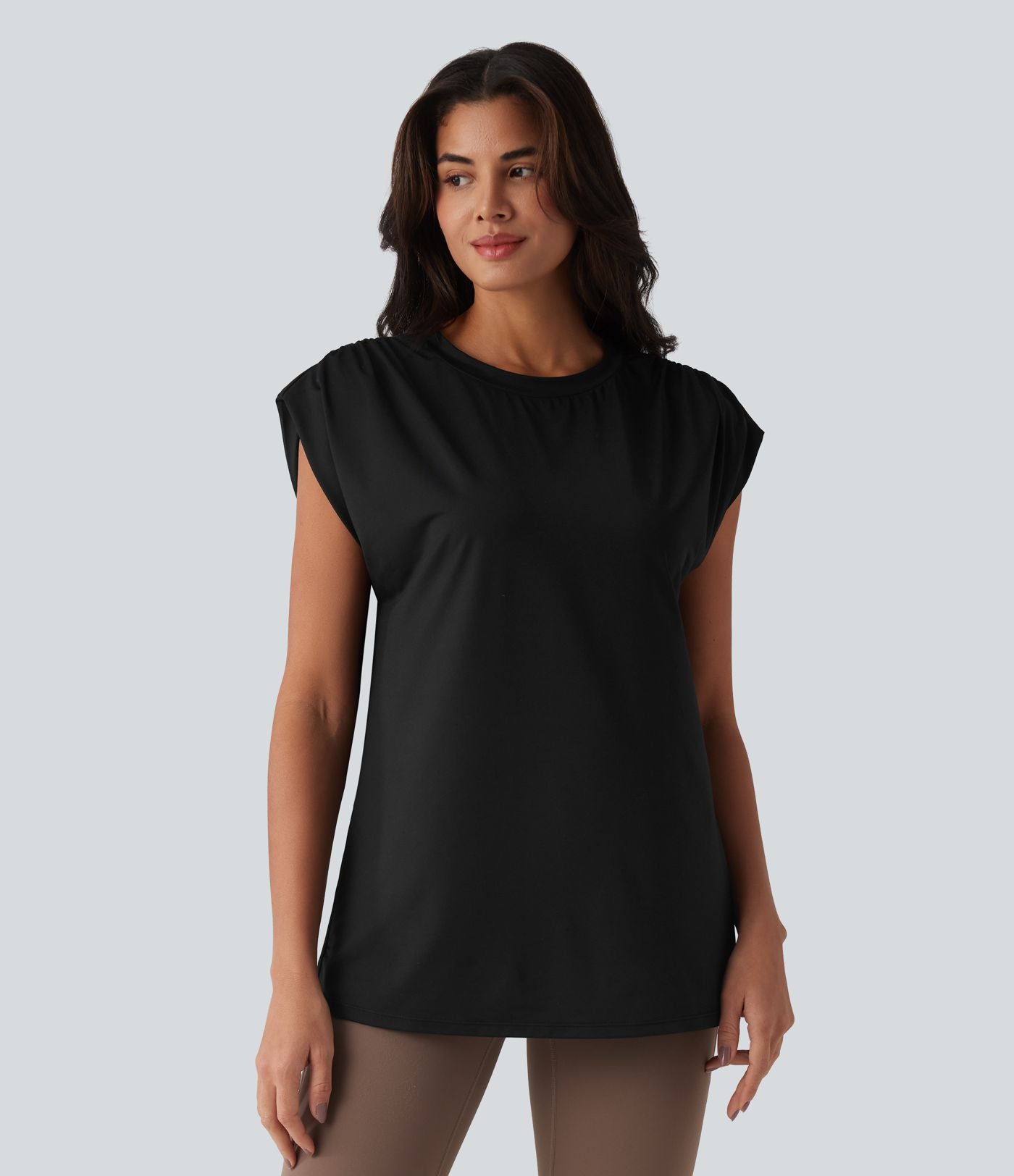 Top de sport yoga ample col rond sans manches avec fronces