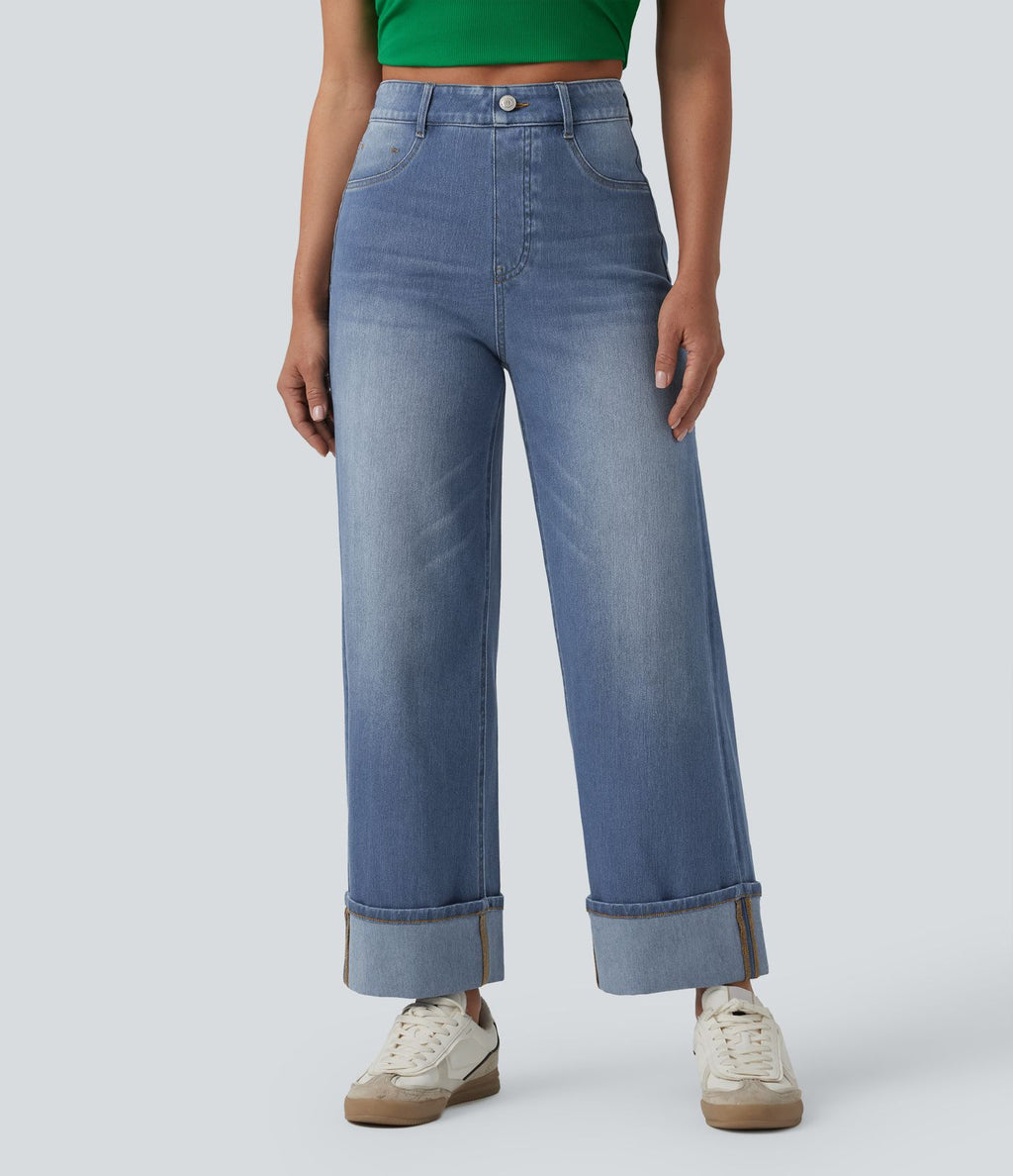 Jean large 7/8 décontracté Halara Flex™ délavé gainant taille haute ourlet roulotté avec poches