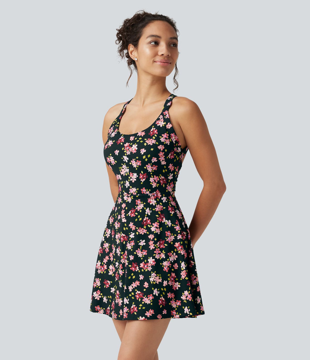 Robe active mini de danse 2-en-1 à petites fleurs, coussinets amovibles, poches et accès facile Easy Peasy