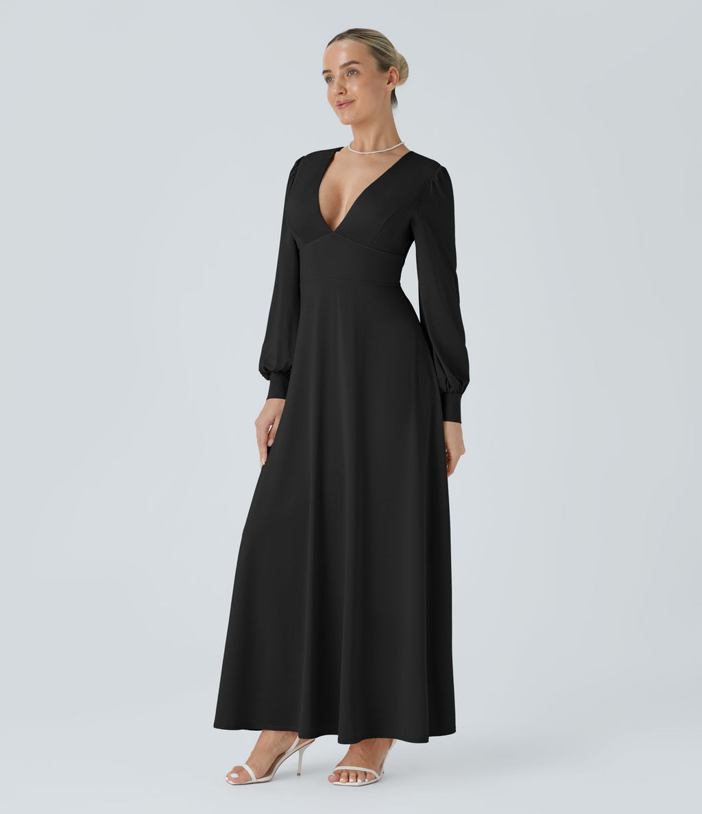Robe longue de demoiselle d'honneur et invitée de mariage, col V, dos nu, liens à nouer, boutons et manches évasées