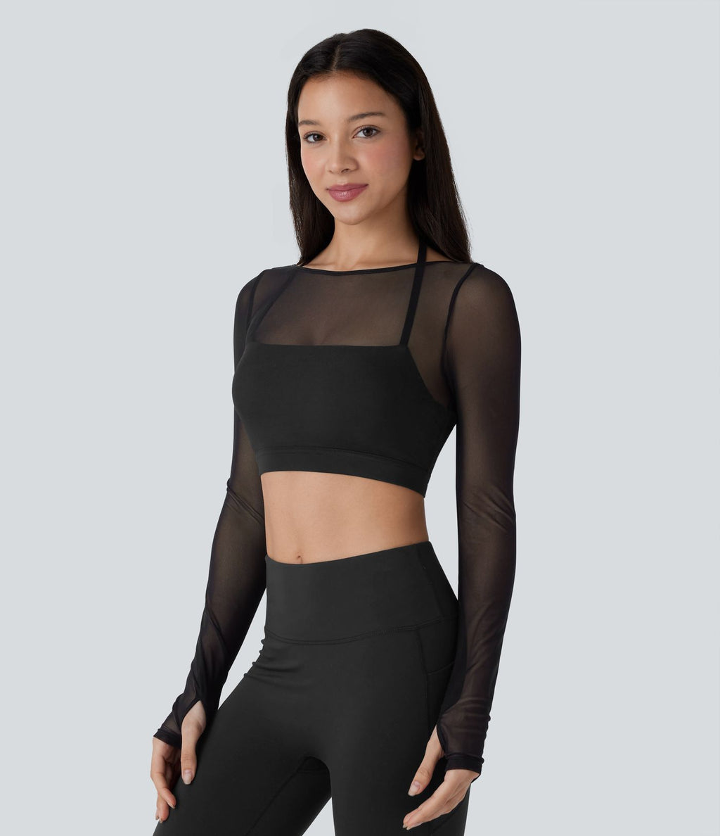 Haut de sport yoga crop top 2-en-1 avec col licou, dos nu, manches longues, passe-pouces et mesh contrastant