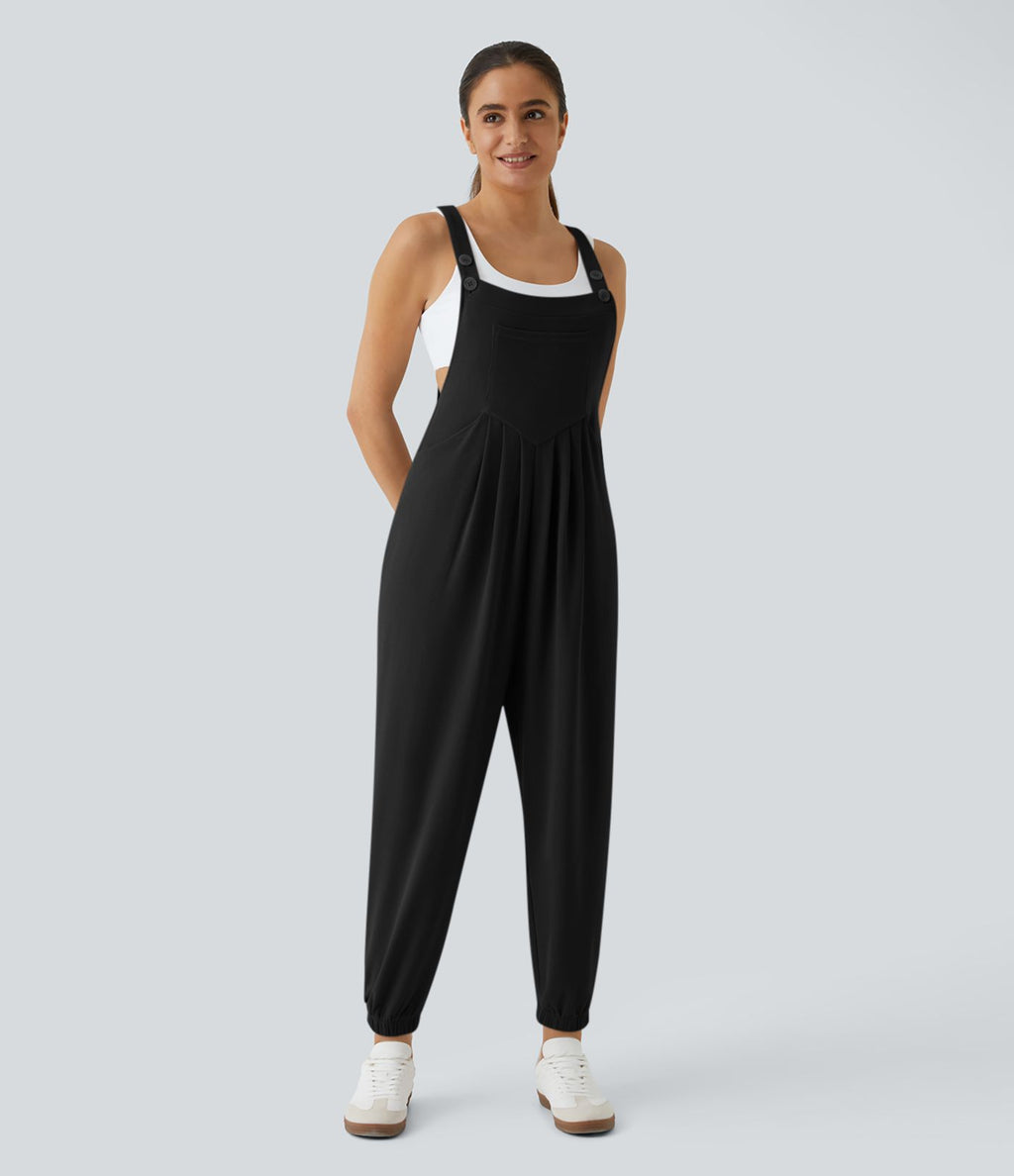 Salopette Casual Bretelles Ajustables Boutonnés Multiples Poches Plis et Tissu Gaufré