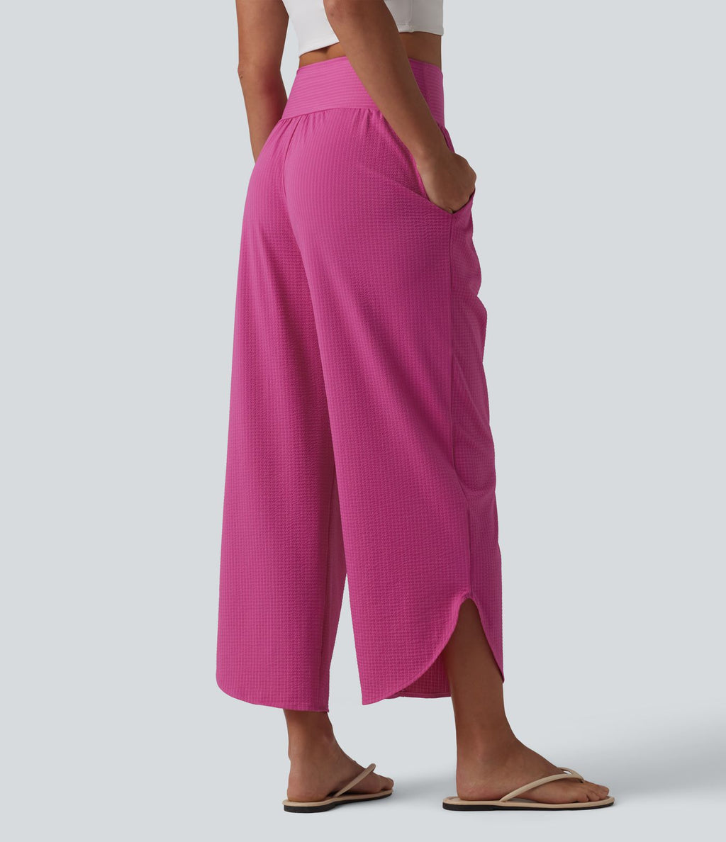 Pantalon décontracté taille haute ventre plat à rayures séchage rapide avec poches - UPF40+