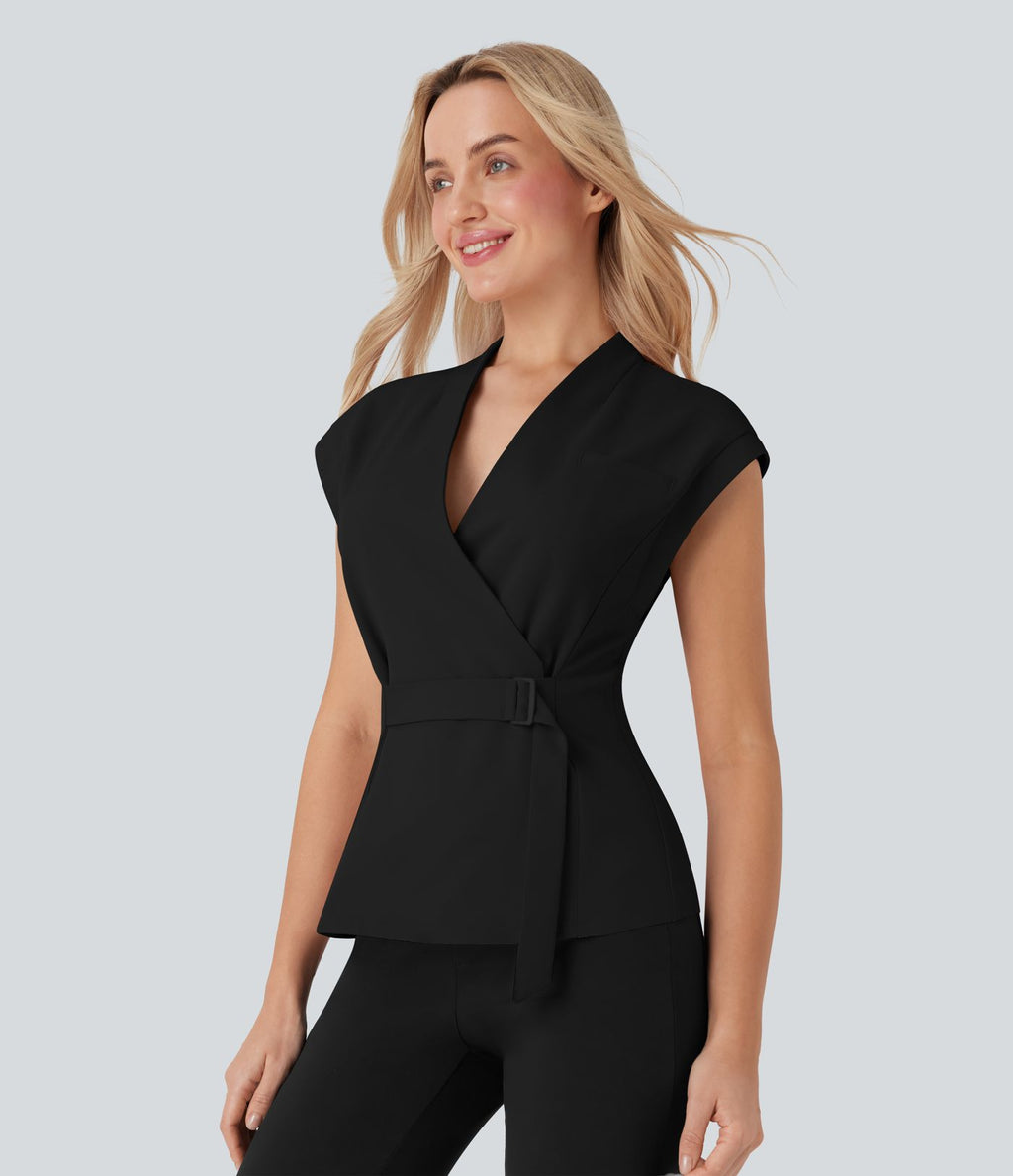 Veste short tailleur à col V, sans manches, portefeuille et ceinture