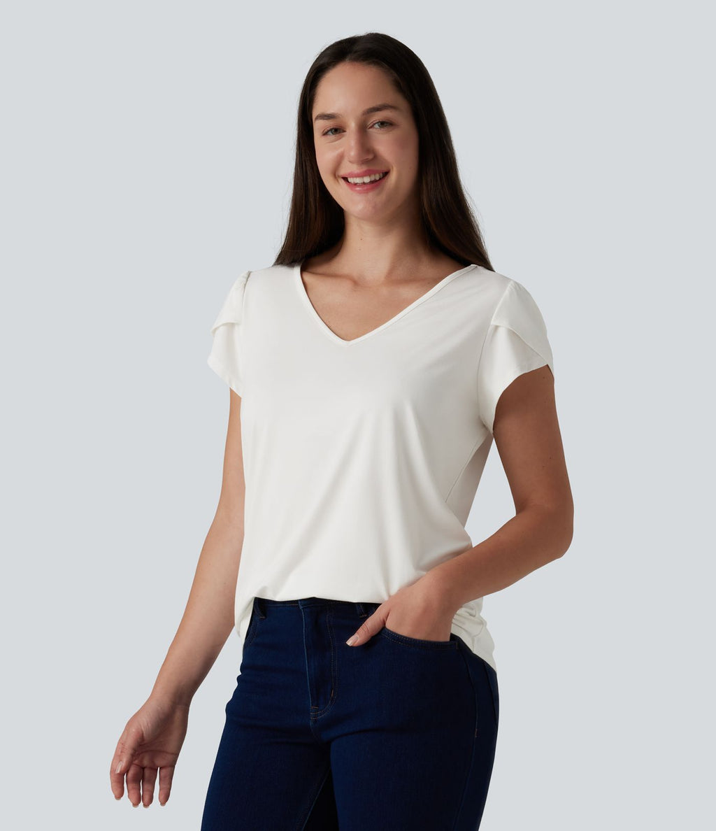 T-shirt casual col V manches courtes pétale