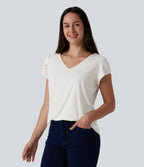 T-shirt casual col V manches courtes pétale