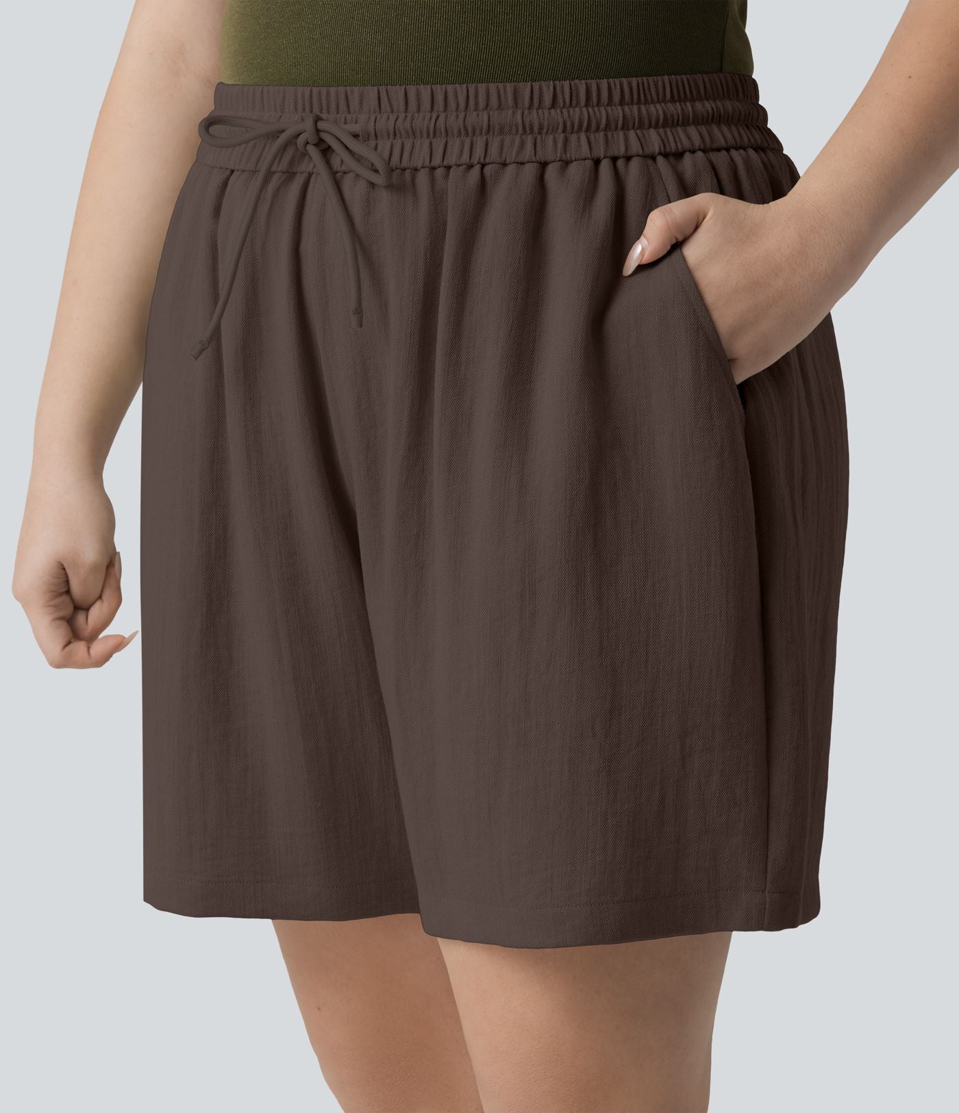 Short casual aspect lin grande taille taille haute avec cordon de serrage et poches