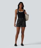 Short tailleur droit à carreaux taille haute avec poches