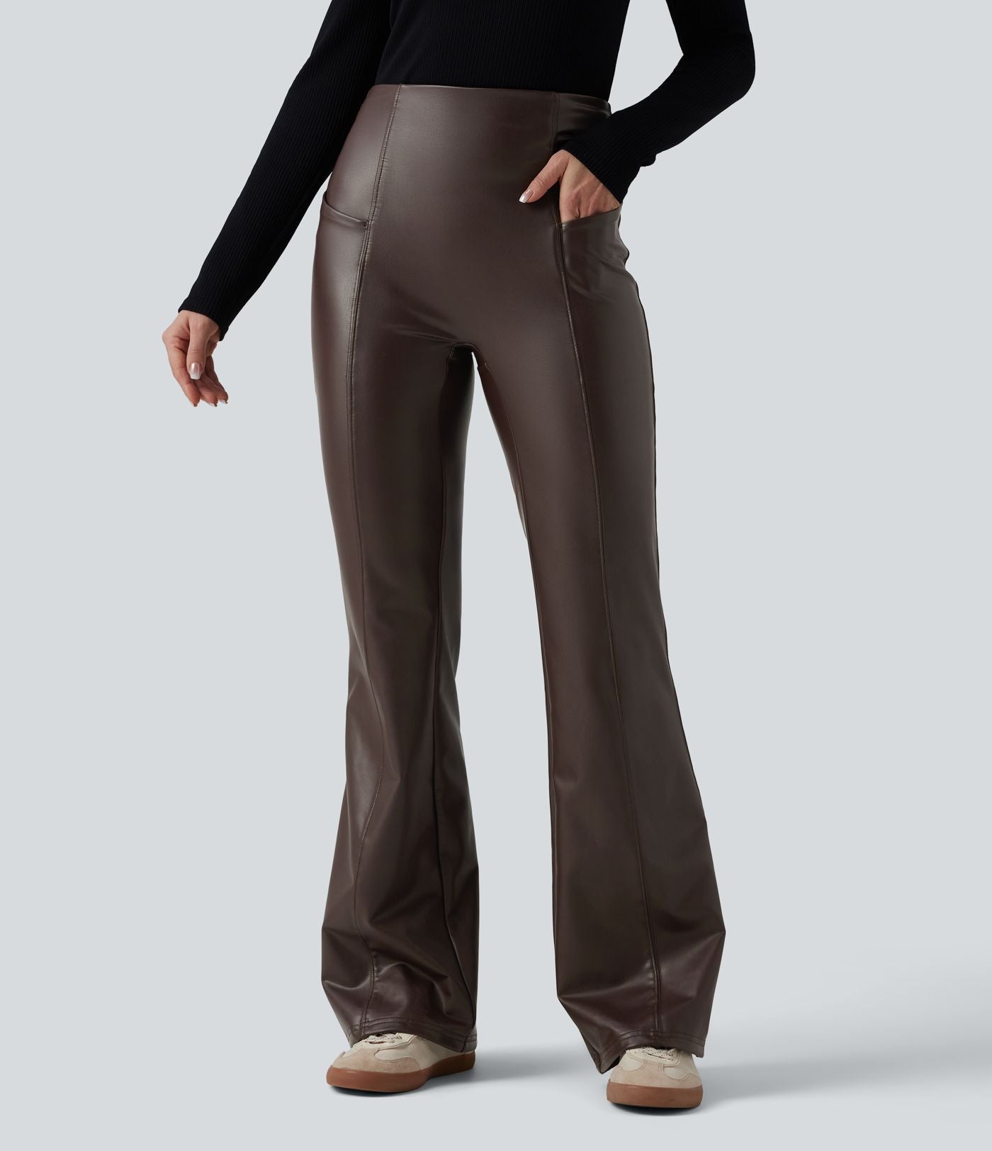Pantalon évasé décontracté taille haute gainant en molleton PU extensible avec poches