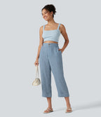 Pantalon 7/8 décontracté aspect lin à carreaux taille haute avec poches
