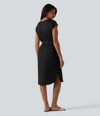 Robe t-shirt casual col V à manches courtes, ceinturée et ourlet arrondi