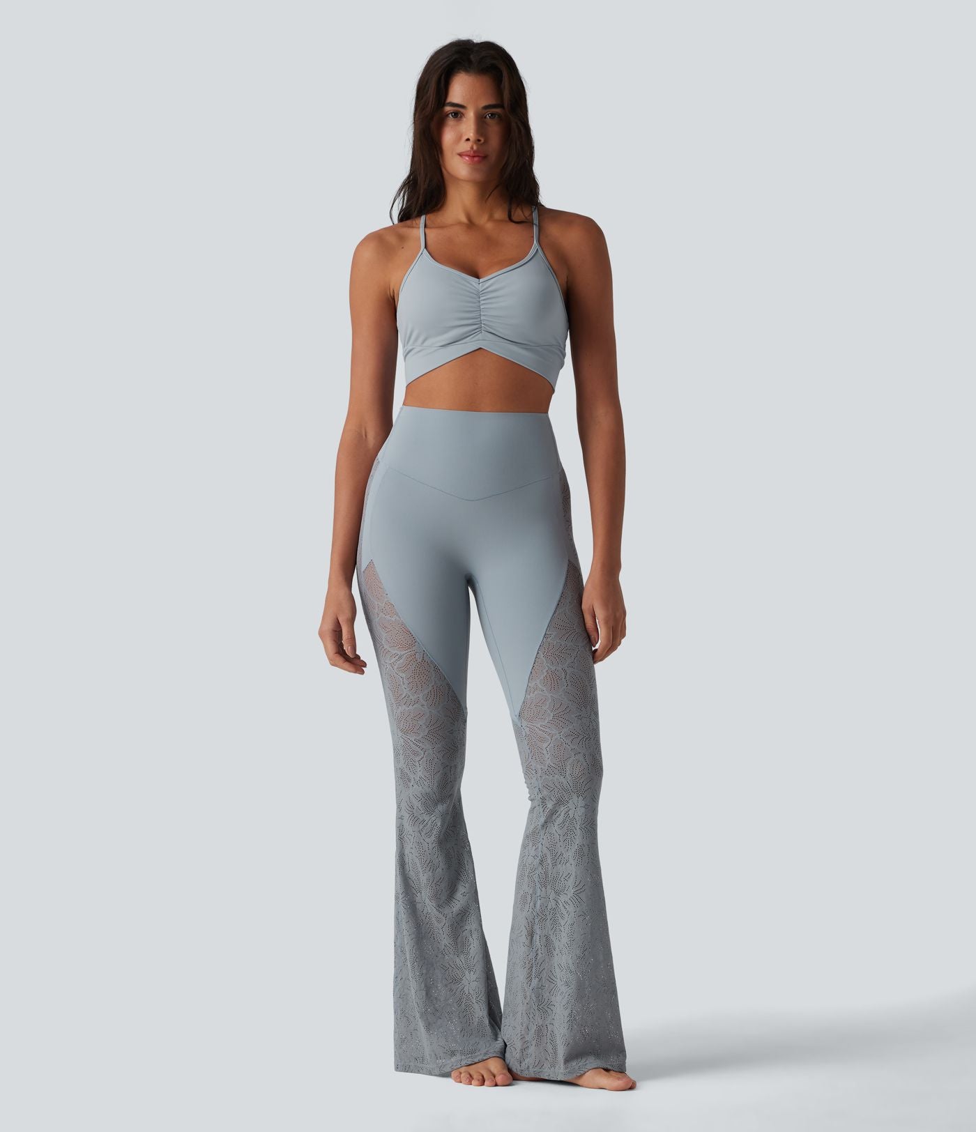 Pantalon de yoga évasé gainant taille haute avec dentelle contrastée et poche Halara UltraSculpt™