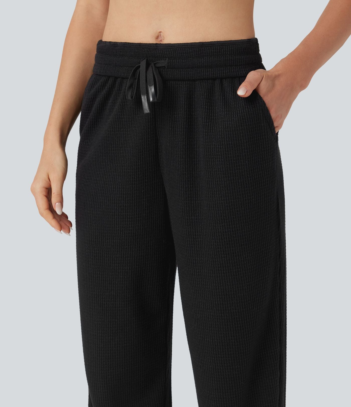 Jogging décontracté maille gaufrée taille haute avec cordon et poches